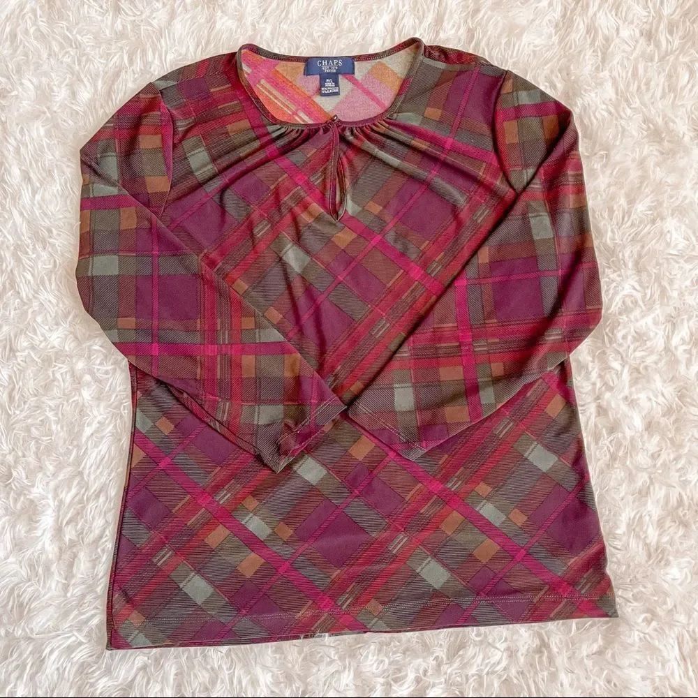 Chaps Plaid 3/4 Sleeve Blouse Women’s Petite Large Burgundy Career Top
